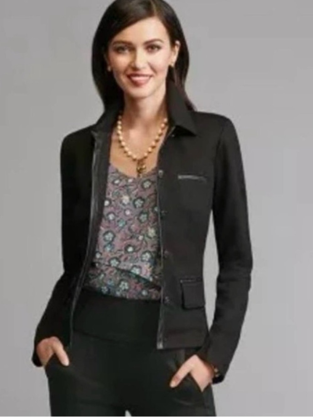 CAbi Tudor Blazer Jacket Faux Leather Trim Black S